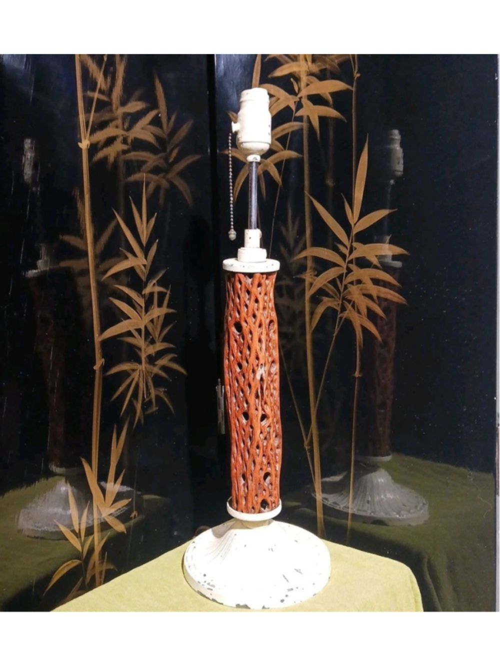 VTG Chola Cactus Lamp Pull Chain Metal Base Painted Scalloped 22" × 8"
